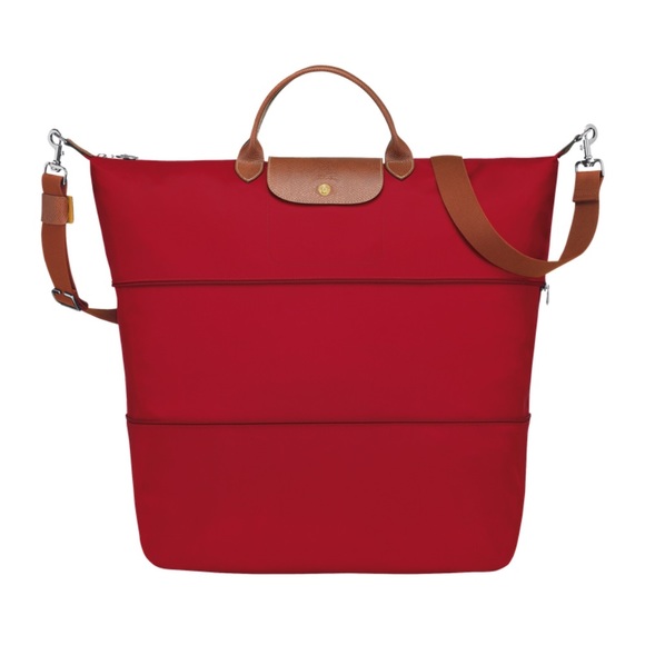Longchamp Le Pliage Original Expandable Tote Travel Bag NWT Red Leather - Picture 2 of 16